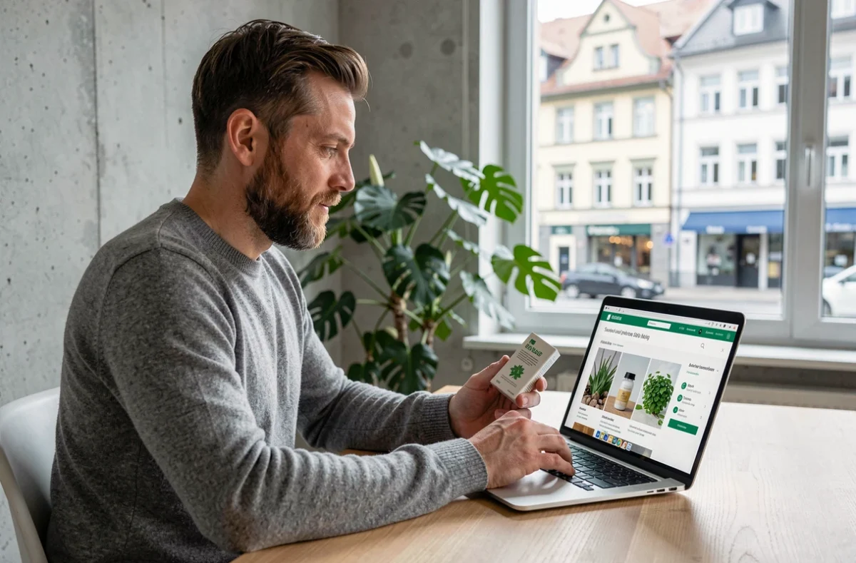 Homme achetant du CBD légal en ligne depuis son appartement à Zurich en Suisse