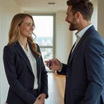 Agent immobilier remettant les clés d'un appartement à un couple souriant lors d'un service immobilier tout-en-un