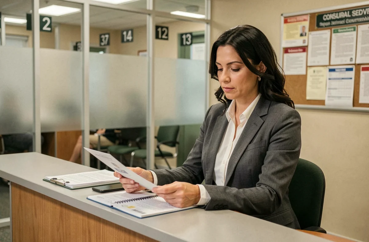 Agente consulaire examinant des documents de passeport au guichet d'un consulat avec salle d'attente en arrière-plan