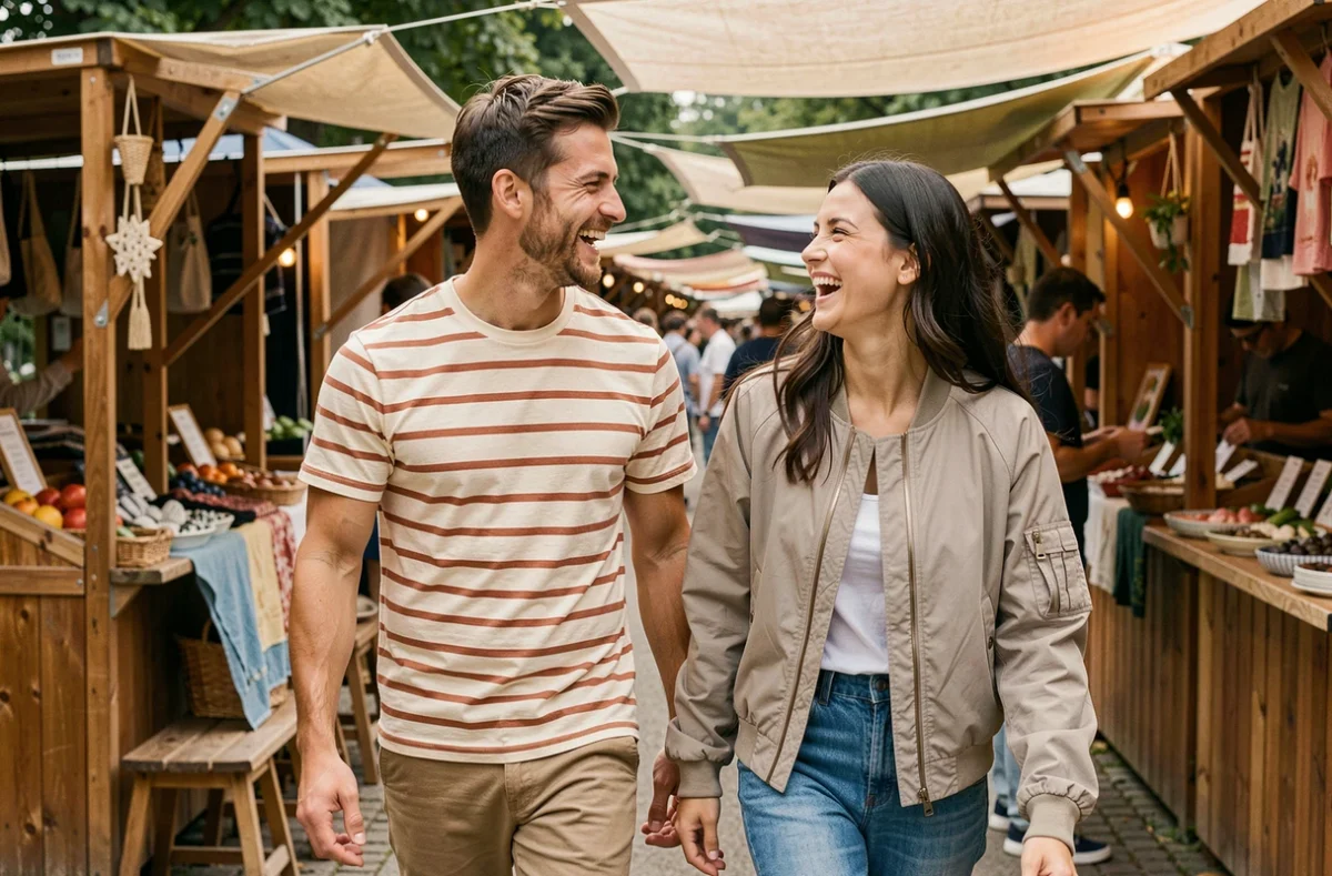 Deux amis portant des vêtements Liberto dans un marché extérieur, tee shirt rayé et veste bomber pour un look casual et moderne