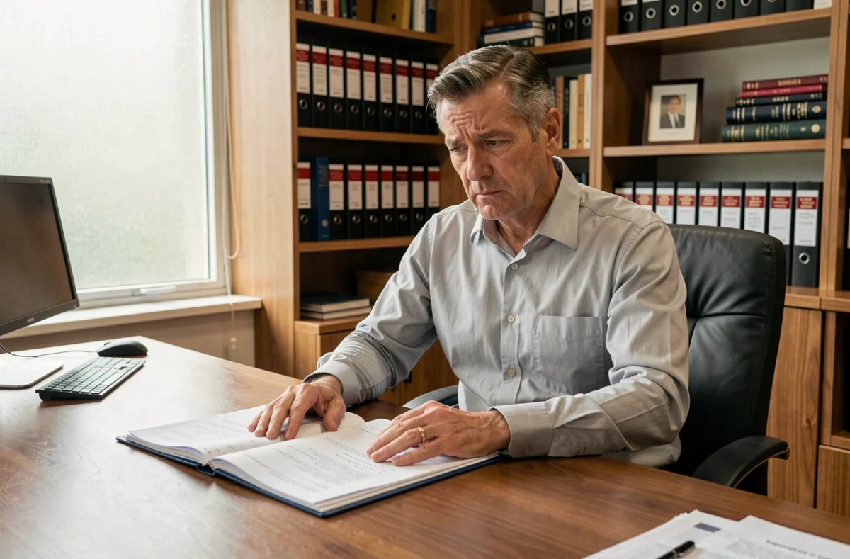 Professionnel analysant les documents d'un projet immobilier suite à une erreur d'inscription à l'ordre du jour d'une CAL