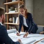 Architecte d'intérieur femme et client discutant de plans de rénovation dans un studio de design moderne