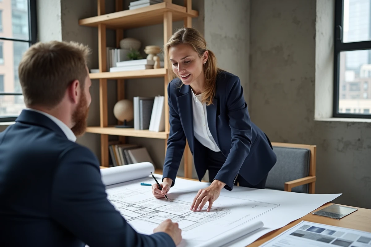 Architecte d'intérieur femme et client discutant de plans de rénovation dans un studio de design moderne