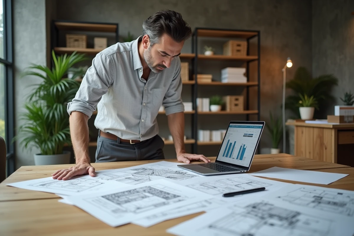 Architecte travaillant sur des plans immobiliers et un tableau de bord numérique dans un bureau moderne
