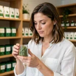 Femme examinant des fleurs de CBD légal dans une boutique suisse spécialisée en bien-être