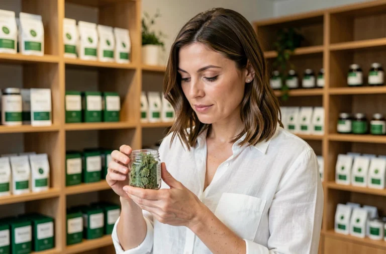 Femme examinant des fleurs de CBD légal dans une boutique suisse spécialisée en bien-être