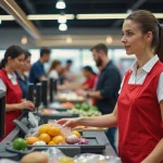 Caissière en uniforme scannant des articles à la caisse d'un supermarché avec des clients en attente derrière