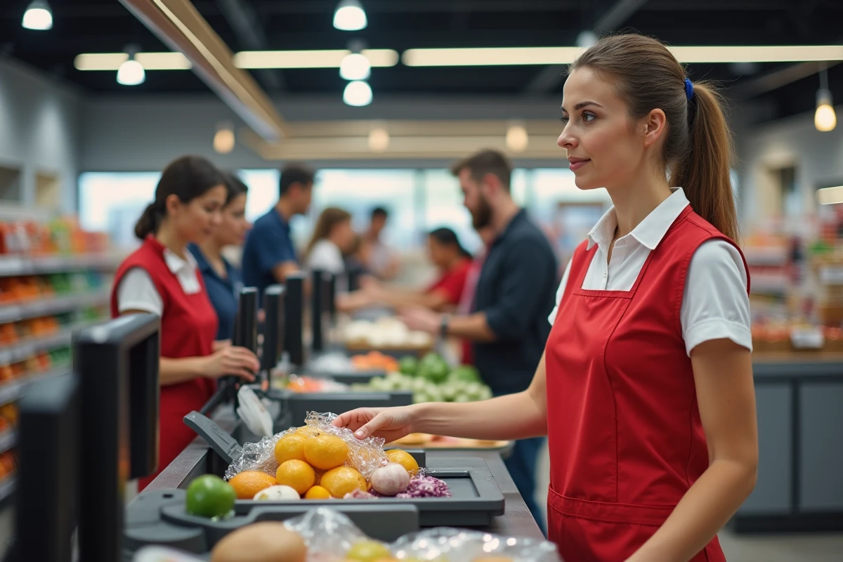 Caissière en uniforme scannant des articles à la caisse d'un supermarché avec des clients en attente derrière