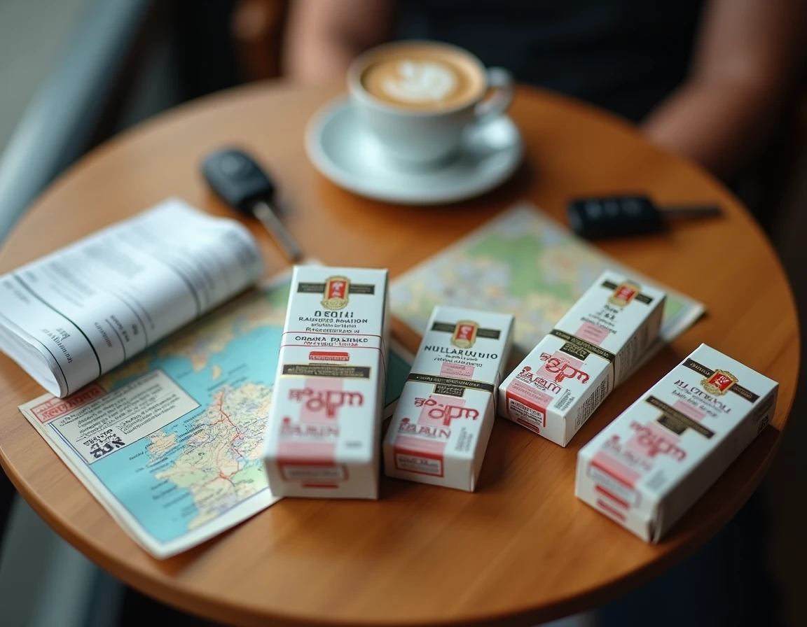 Cartouches de cigarettes espagnoles avec document douanier français et ticket de caisse sur une table