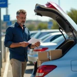 Homme rangeant des cartouches de cigarettes dans le coffre d'une voiture à la frontière franco-espagnole