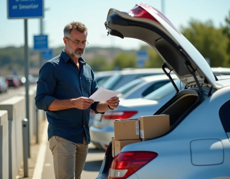 Homme rangeant des cartouches de cigarettes dans le coffre d'une voiture à la frontière franco-espagnole