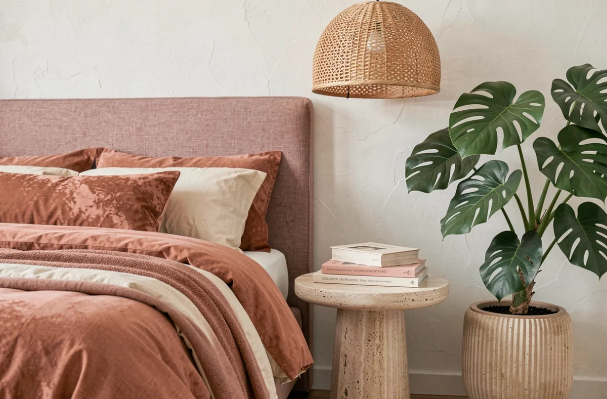 Coin chambre décoré avec tête de lit en lin, table de chevet en travertin et plante monstera pour les nouvelles tendances maison