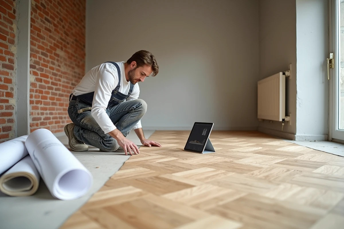 Chantier de rénovation intérieure en cours avec pose de parquet en chêne et murs en brique apparente