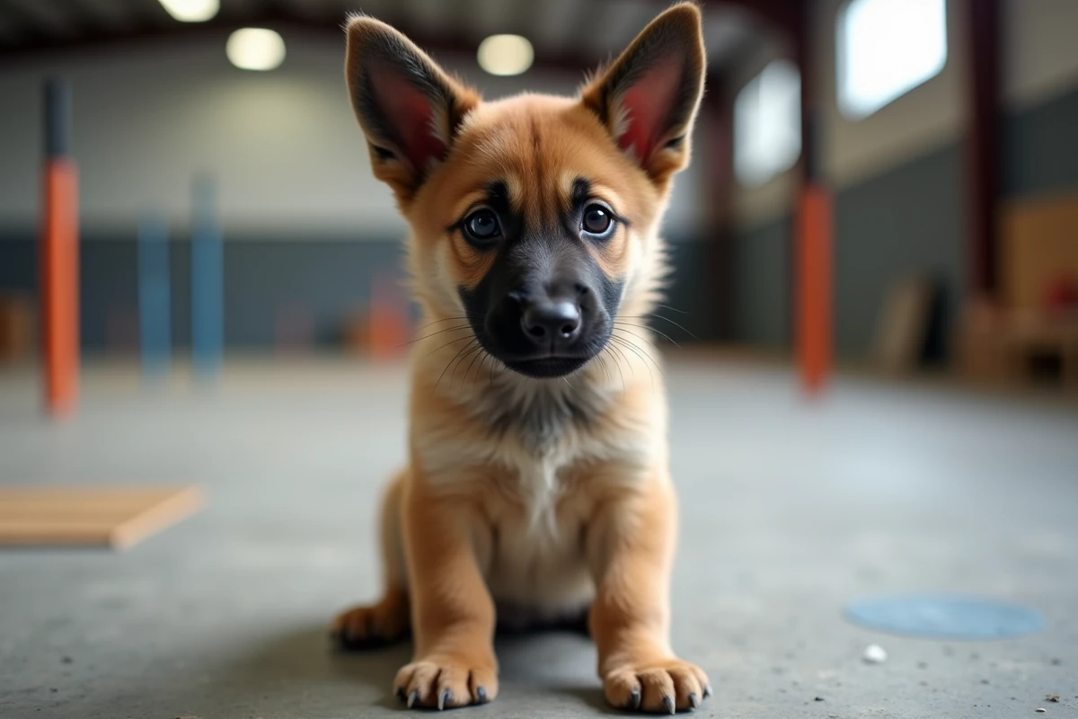 Chiot croisé malinois berger allemand assis dans un centre de dressage canin, regard vif et oreilles dressées