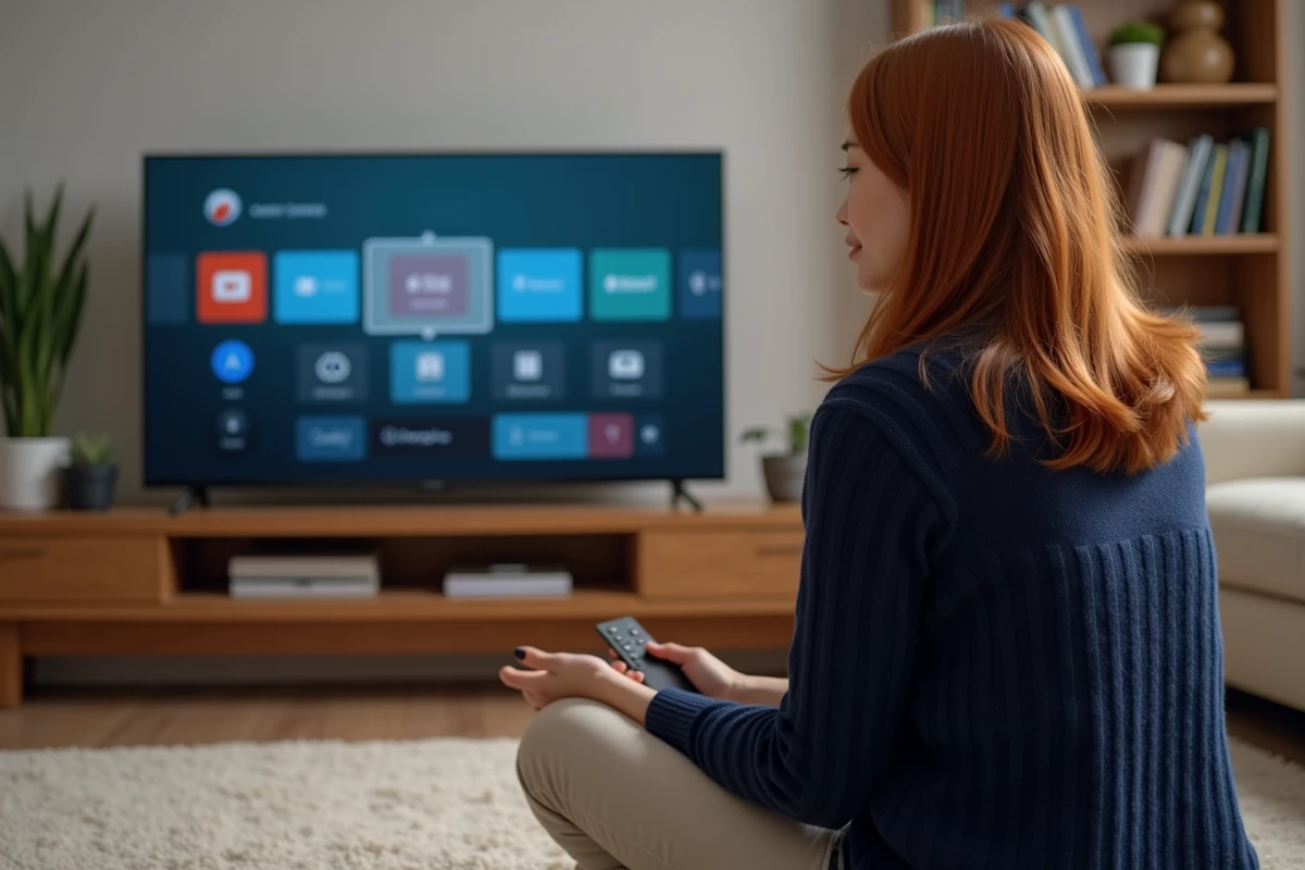 Femme configurant l'interface Android TV de la Mi TV Stick Xiaomi avec la télécommande Bluetooth
