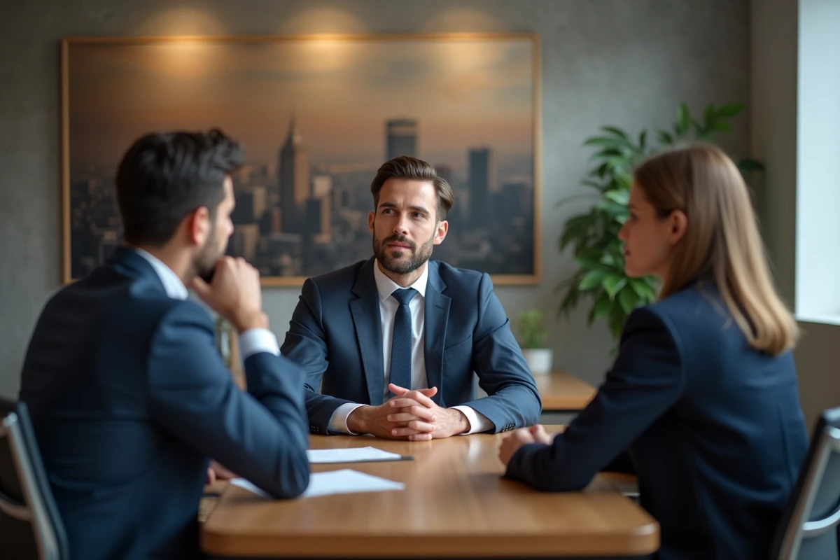 Conseiller financier discutant avec un couple en réunion