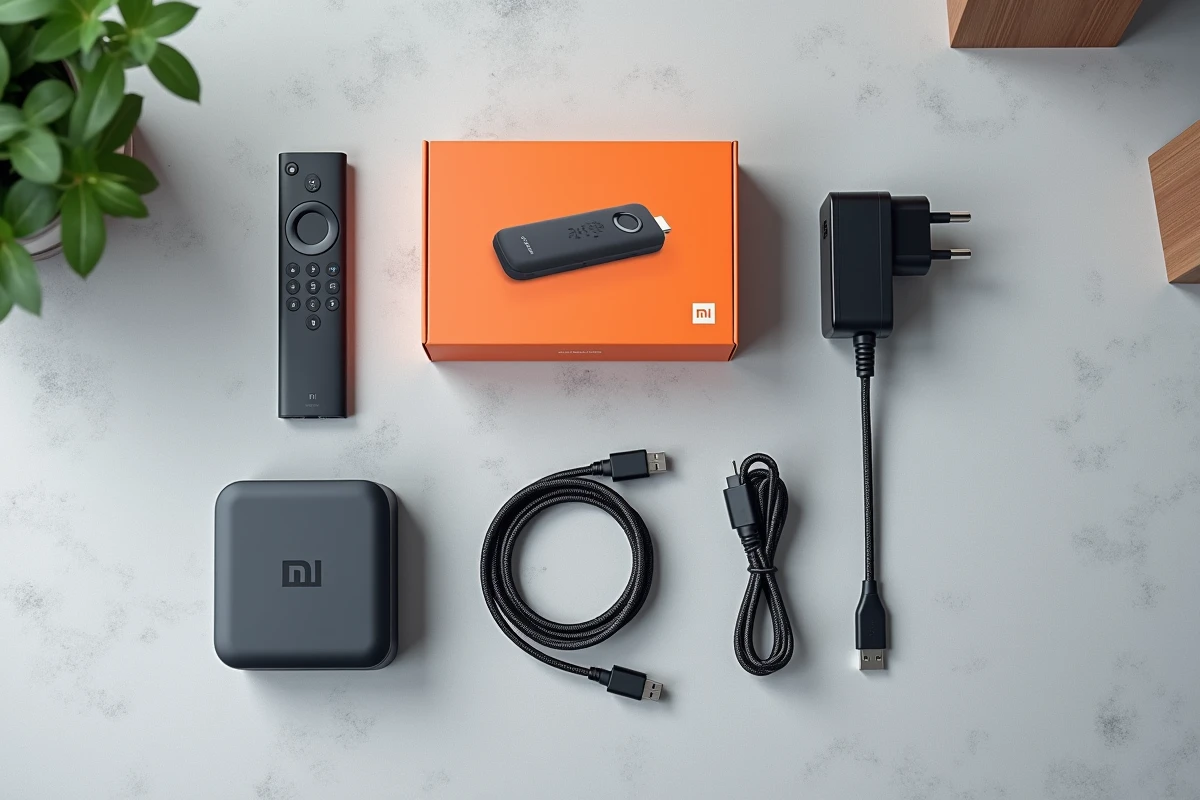 Contenu de la boîte Xiaomi Mi TV Stick disposé en flat lay sur un bureau gris avec télécommande et accessoires