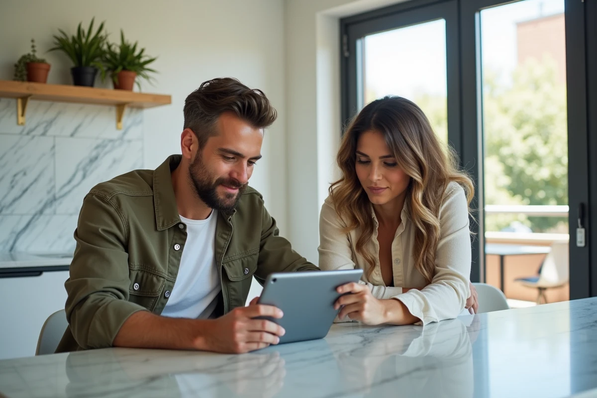 Couple consultant une application de services immobiliers tout-en-un sur une tablette dans une cuisine moderne