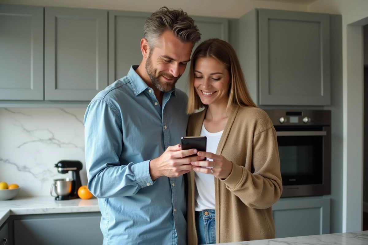 Couple choisissant entre Amazon Prime et Amazon Premium sur un smartphone dans une cuisine moderne