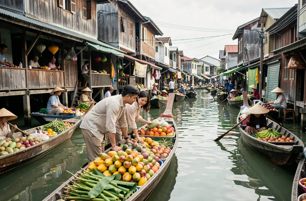Couple de voyageurs explorant un marché flottant animé sur un canal de Bangkok en Thaïlande