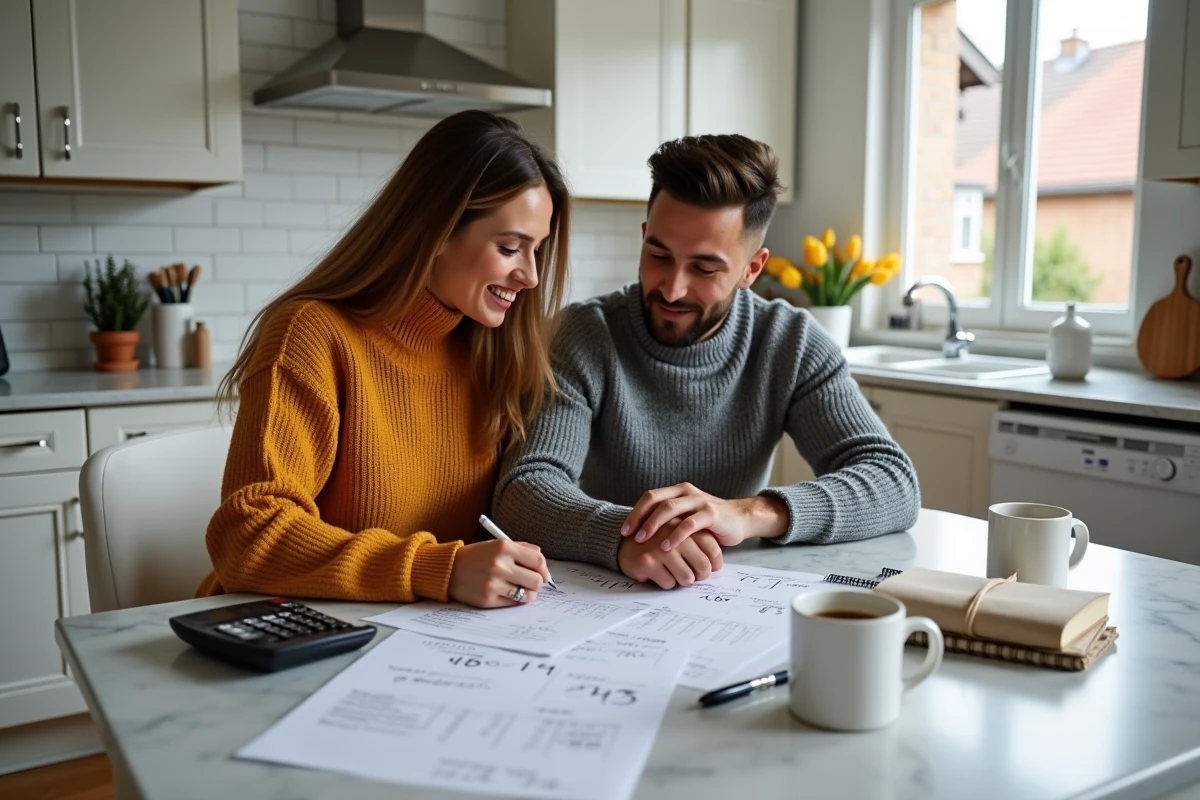 Un couple en tenue décontractée étudie des documents de financement immobilier et un plan financier autour d'une table de cuisine contemporaine