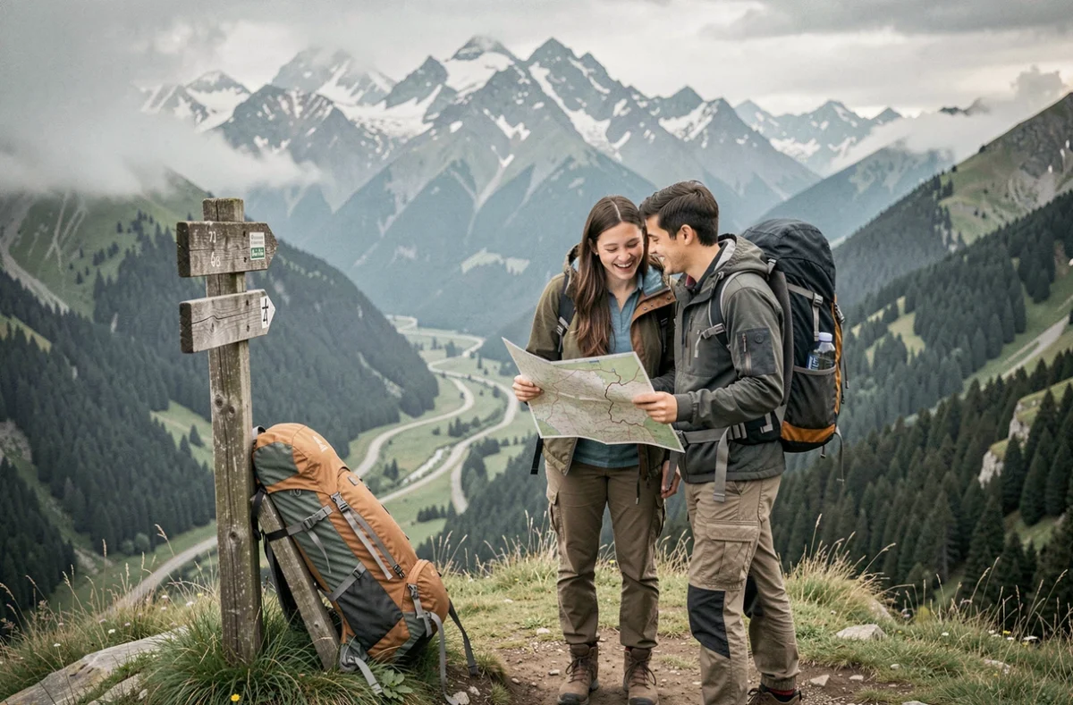 Couple de randonneurs consultant une carte au sommet d'un belvédère avec panorama sur les montagnes alpines