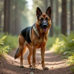 Croisement malinois berger allemand adulte debout dans une forêt, montrant son pelage bicolore et son port altier