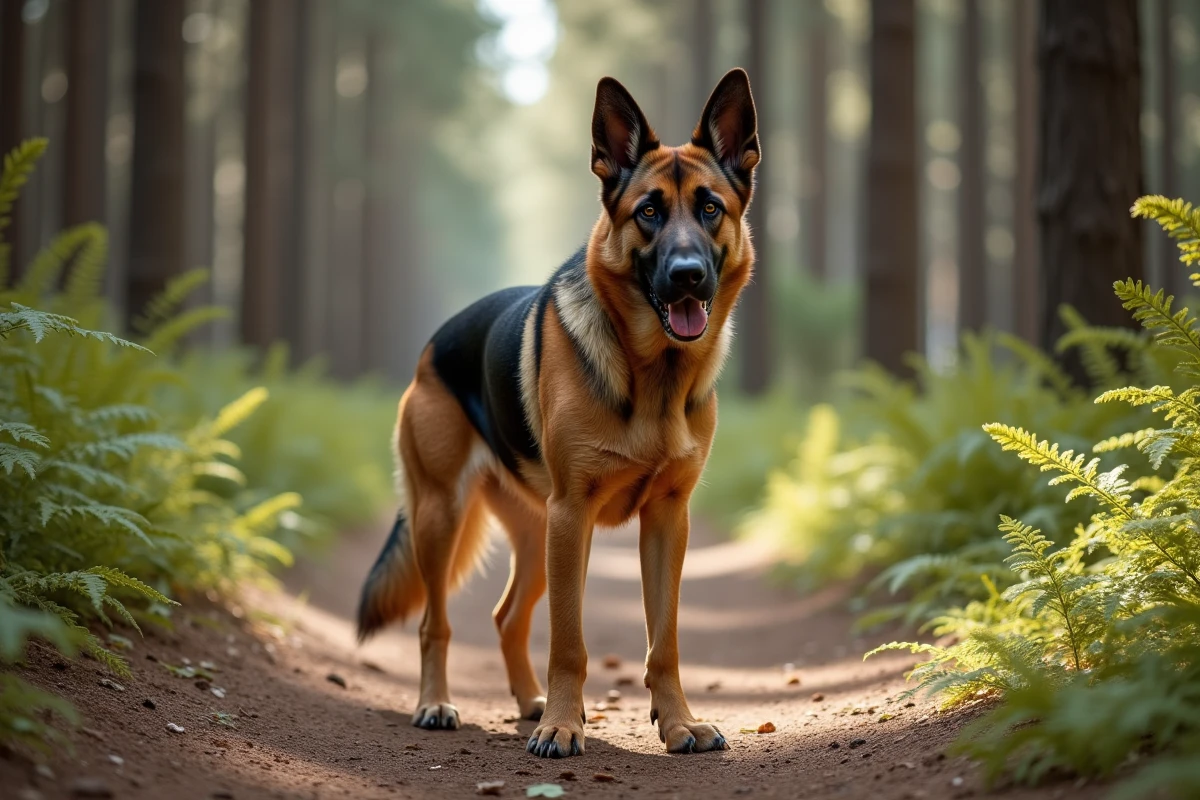 Croisement malinois berger allemand adulte debout dans une forêt, montrant son pelage bicolore et son port altier