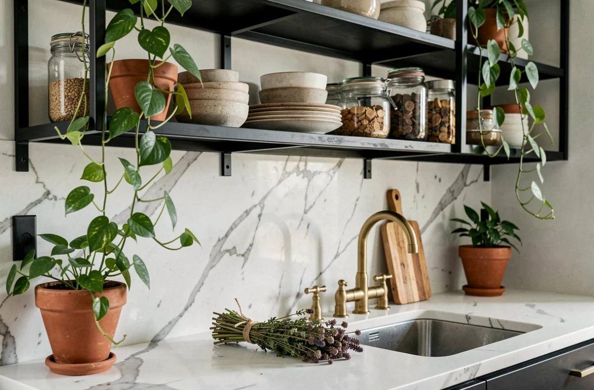 Cuisine contemporaine tendance avec étagères en acier, plan de travail en marbre et accessoires en laiton pour la déco maison