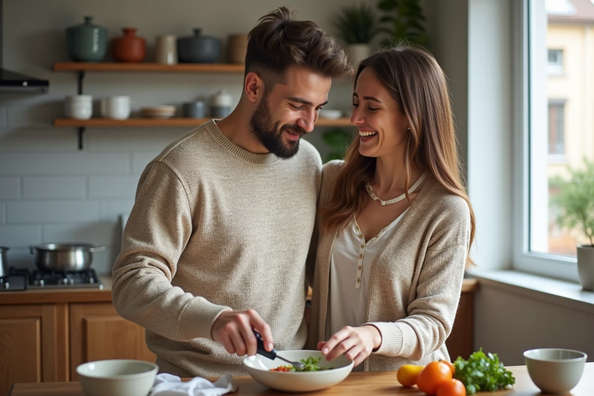 Homme et femme préparant un repas dans une cuisine moderne