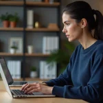 Femme effectuant une demande de carte grise en ligne sur un ordinateur portable depuis son bureau à domicile