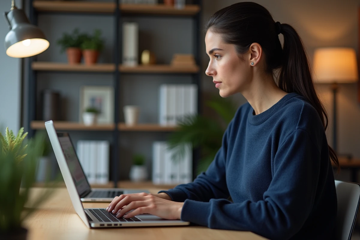 Femme effectuant une demande de carte grise en ligne sur un ordinateur portable depuis son bureau à domicile