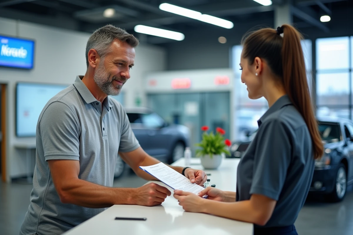 Client déposant des documents pour une demande de carte grise au comptoir d'un centre Norauto