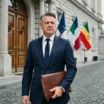 Diplomate en costume devant l'entrée imposante d'une ambassade avec drapeaux nationaux et architecture classique