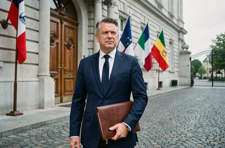 Diplomate en costume devant l'entrée imposante d'une ambassade avec drapeaux nationaux et architecture classique