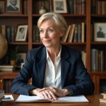 Portrait d'une femme élégante dans la cinquantaine assise à un bureau en bois entouré de livres et de souvenirs personnels, évoquant une vie intellectuelle et personnelle riche