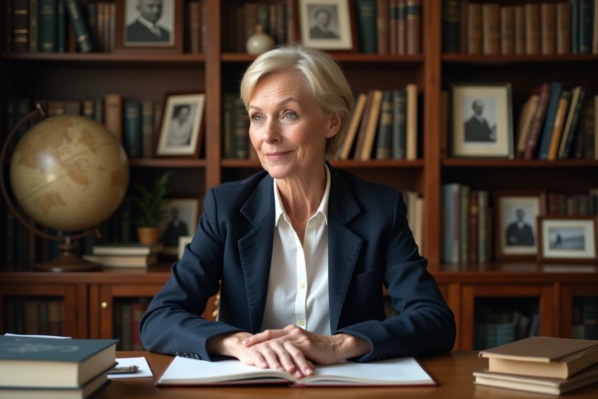 Portrait d'une femme élégante dans la cinquantaine assise à un bureau en bois entouré de livres et de souvenirs personnels, évoquant une vie intellectuelle et personnelle riche