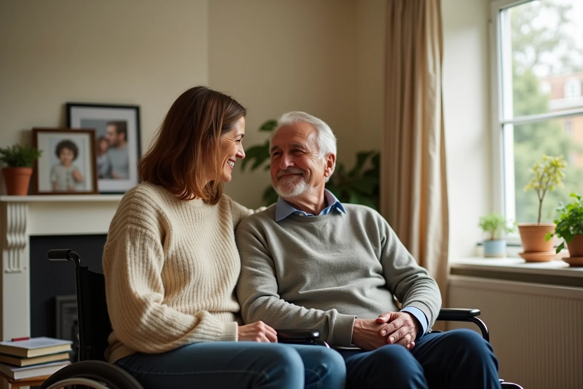 Femme aux cheveux bruns et homme en fauteuil roulant côte à côte dans un salon chaleureux avec cheminée et photos de famille, illustrant une relation de soin et de complicité