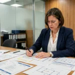 Femme examinant une erreur sur un document d'ordre du jour lors d'une commission d'appel d'offres