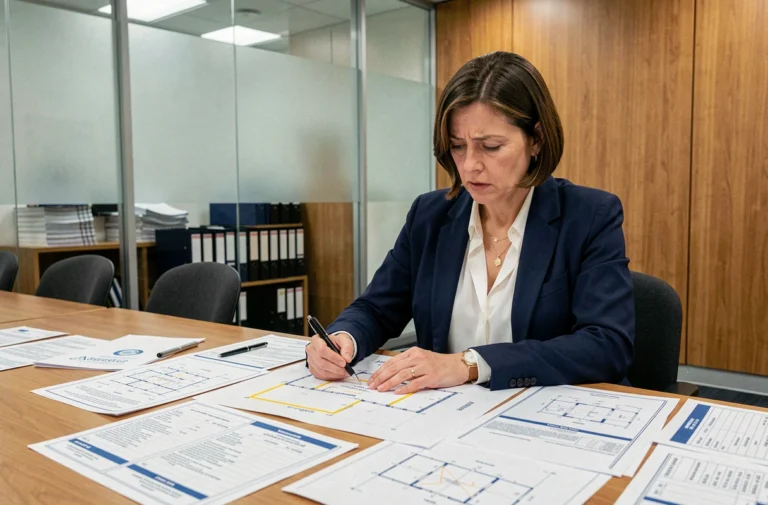 Femme examinant une erreur sur un document d'ordre du jour lors d'une commission d'appel d'offres