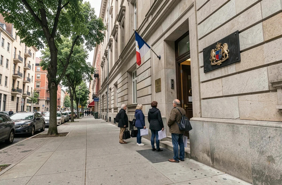 Façade d'un consulat en milieu urbain avec file d'attente de visiteurs sur le trottoir et plaque officielle visible