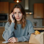 Femme appelant le service client Uber Eats depuis son domicile avec un smartphone