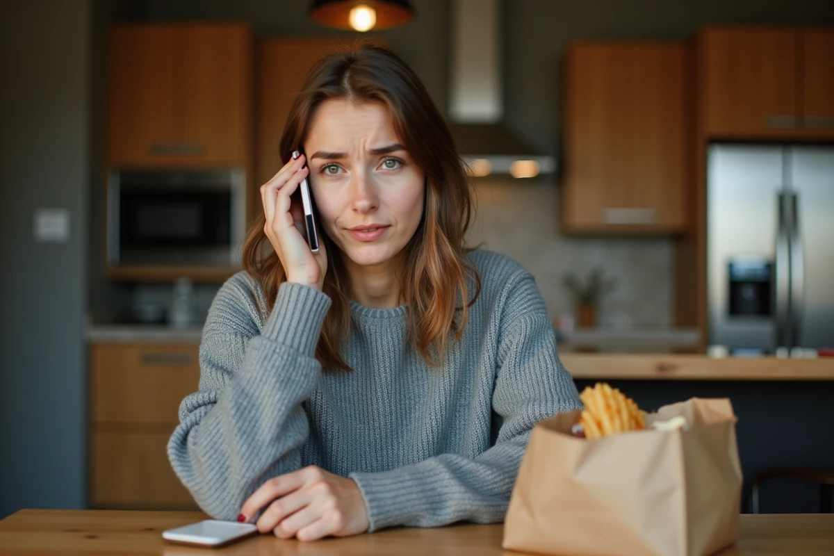 Femme appelant le service client Uber Eats depuis son domicile avec un smartphone