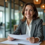Femme d'affaires souriante dans une banque moderne