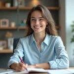 Jeune femme en tenue professionnelle dans un bureau lumineux