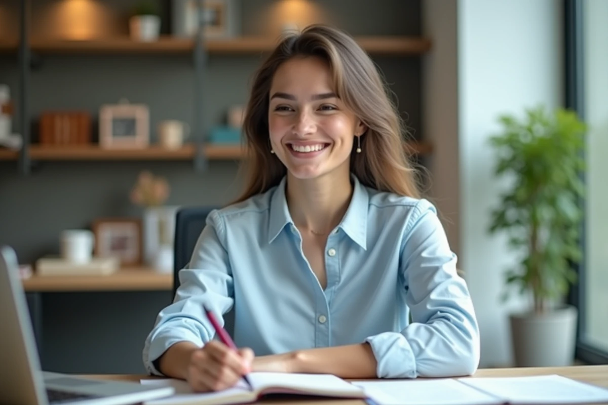 Jeune femme en tenue professionnelle dans un bureau lumineux