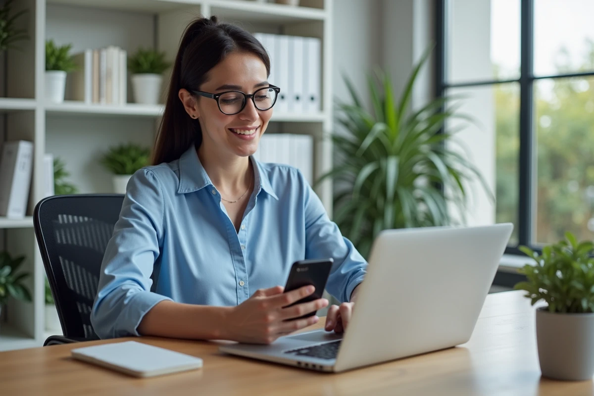 Femme au bureau moderne utilisant ordinateur et smartphone