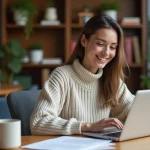 Jeune femme souriante au bureau avec ordinateur et livres