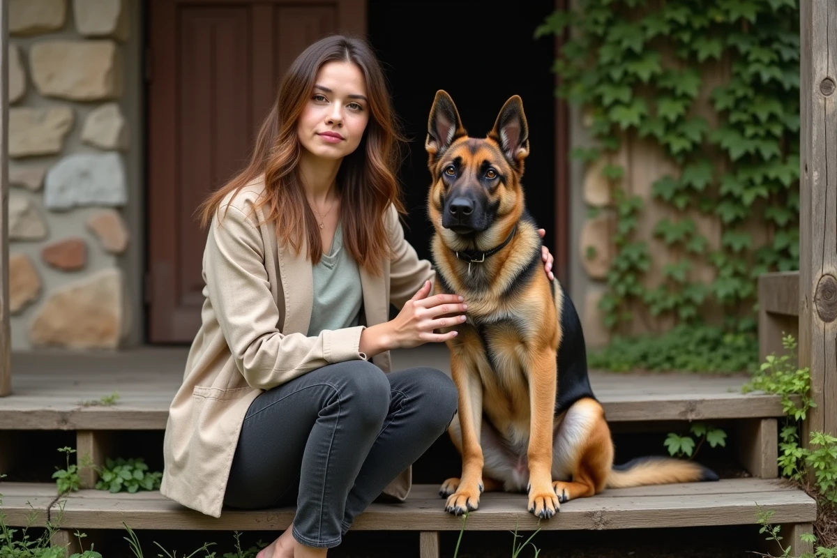 Femme et son chien croisé malinois berger allemand assis ensemble sur les marches d'une ferme en pierre