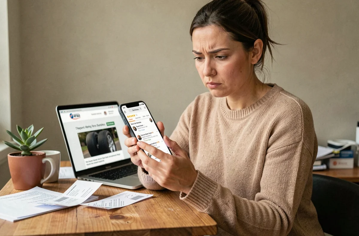 Femme consultant des avis clients en ligne sur son smartphone avant d'acheter des pneus sur 365 pneus, ambiance bureau à domicile